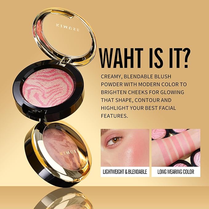 KIMUSE Baked Blush, Lighting Glow Marbleized Blush Powder Blush, Contour & Highlight Face for a Creamy Lightweight Natural Finish