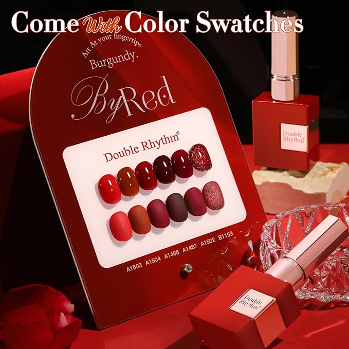 Double Rhythm 6 Pcs 15 ML Gel Polish Set Same Color Same Bottle Soak Off Gel Polish Kit Nail Art Manicure Salon DIY at Home for Women (Glitter Burgundy Dark Cherry Red Maroon-T6-7)