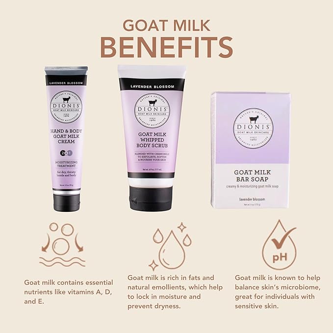 Dionis Goat Milk Skincare Lavender Blossom 3 Piece Self Care Essentials Gift Set - Bar Soap, Hand & Body Cream & Whipped Chamomile Sugar Body Scrub In Recyclable Box - Exfoliate & Moisturize Dry Skin
