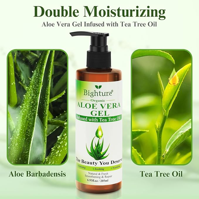 Organic Aloe Vera Gel with Tea Tree Oil for Face & Body, Freshly-cut Aloe Vera Gel Ideal for Skin, Scalp, & Hair Hydration, Calming Moisturizer for Soothing After Sun Care Relief, 6.93 oz