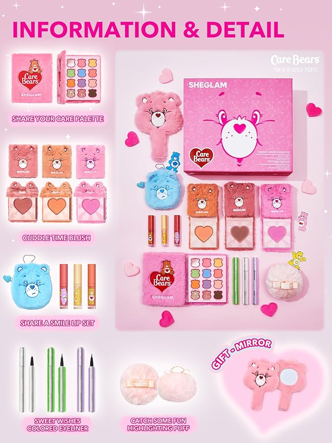 SHEGLAM X Care Bears Collection Set Vibrant Colored Eyeshadows Green White Purple Eyeliner Pink Blush Body Highlighter Liquid Lipstick Set Makeup Set