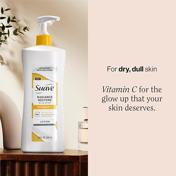 Suave Radiance Restore Hand & Body Lotion For Women With Vitamin C, Brighten & Hydrate Dry, Dull Skin, Non Greasy, Moisturizing Cream Evens Skin Tone, Allergen Free, 28 FL OZ Pump, 4 Pack
