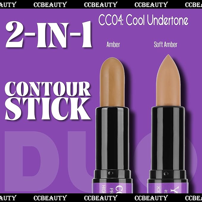 CCbeauty 2pcs 2-IN-1 Matte Contour Concealer Stick Cool Tone with Blush,Cream Blendable Bronzer & Blusher for Cheeks & Lip,Long Lasting & Waterproof Contouring for Face Shaping Makeup,AMBER/SOFT AMBER