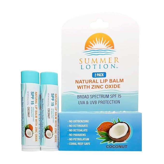 Natural Lip Balm with Zinc Oxide Sunblock by Summer Lotion, SPF 15 Lip Sunscreen 2-Pack, Water Resistant Chapstick, SPF Lip Protection for Everyone, (Coconut)