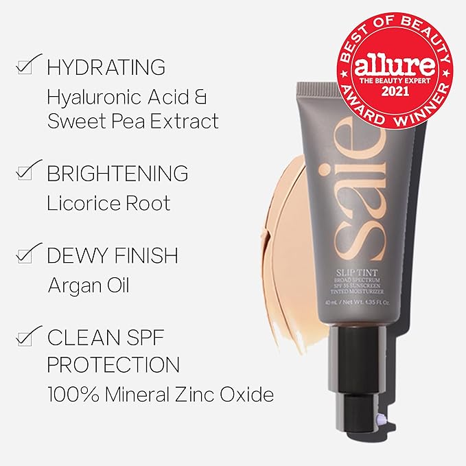 Saie Slip Tint Tinted Moisturizer with SPF 35 - Light Coverage, Glowy Skin Tint & Mineral Sunscreen for Face with Hydrating Hyaluronic Acid - Summer Makeup Essential - Shade Five (1.35 oz)