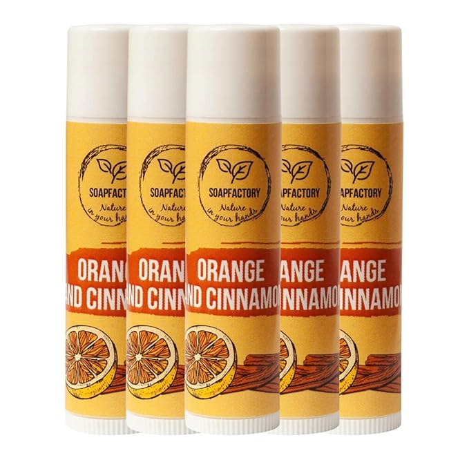 SoapFactory Natural Lip Balm for Dry cracked Lips with Orange and Cinnamon, Vegan, Organic Certified, Lip Care with Carnauba Wax for Women and Men, 0.17 ounce (Pack of 5)