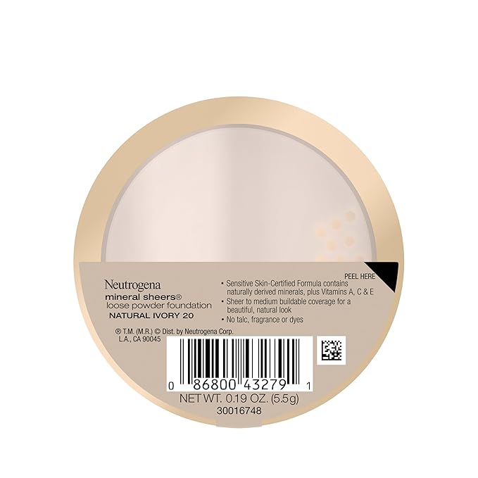 Neutrogena Mineral Sheers Loose Powder Makeup Foundation, Lightweight Face Makeup, Sheer to Medium Buildable Coverage, Sensitive Skin Foundation with Vitamins A, C, & E, Natural Ivory 20, .19 oz