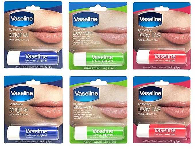 Vaseline Lip Therapy Stick with Petroleum Jelly Gift Set Includes Original, Rosy Lips and Aloe, 6 Count