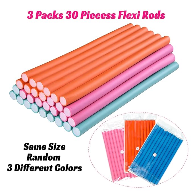 30PCS 9.45" Flexible Curling Rods,Heatless Twist Soft Foam Hair Rollers Home Use for Women Girls Long and Short Hair to Sleep in, (0.55 x 9.45 Inch, 3 Colors)