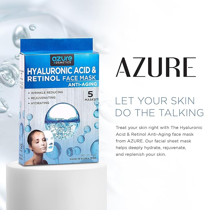 Azure Cosmetics Hyaluronic Acid & Retinol Face Mask - Dermatologist Tested - Rejuvenating & Hydrating Sheet Mask - Reduce Fine Lines & Wrinkles, Smooths & Repairs - Korean Skin Care - Pack of 5