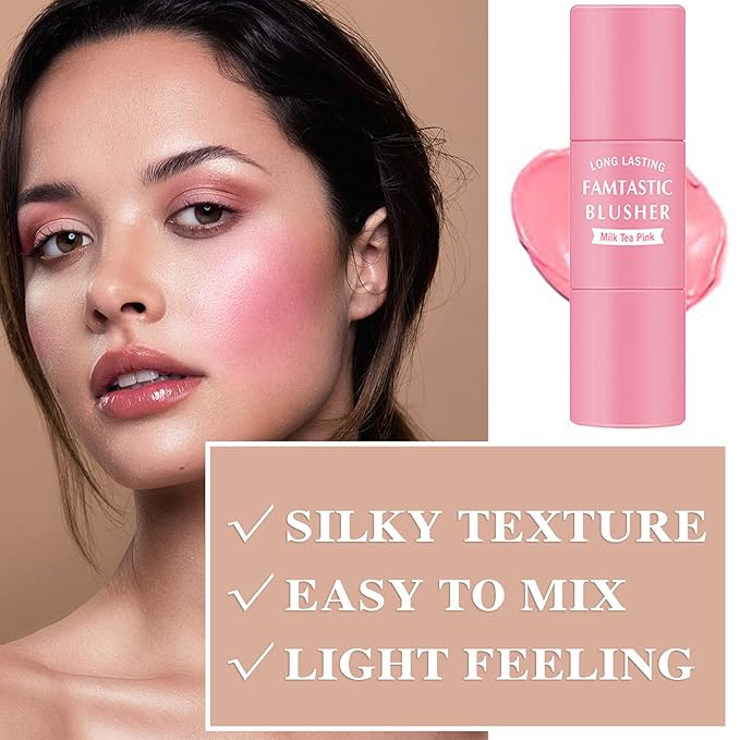 Cream Blush Stick with Brush,Waterproof Multi Cream Makeup Stick,Lightweight,Long-lasting,2 in 1 Multi Blush for Cheeks & Lip Tint & Eyeshadow Makeup(#01 Milk Tea Pink)