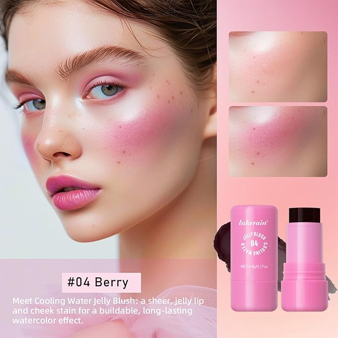 Multi-Use Cooling Water Jelly Blush/Lip Tint & Eye Shadow - Sheer Stain withBuildable Watercolor Finish - Long-Lasting Moisture - 1,000+ Swipes Per Stick - Jelly Texture for Lip & Cheek (Berry)