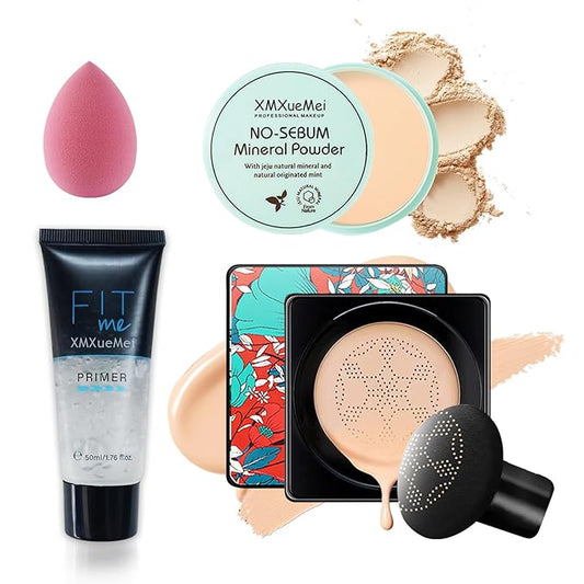 Air Cushion CC Cream Mushroom Head Foundation,Waterproof Long Lasting Loose Setting Powder,Moisturizing BB Cream Liquid Foundation Makeup Primer Concealer Base with Makeup Sponge（4PCS）