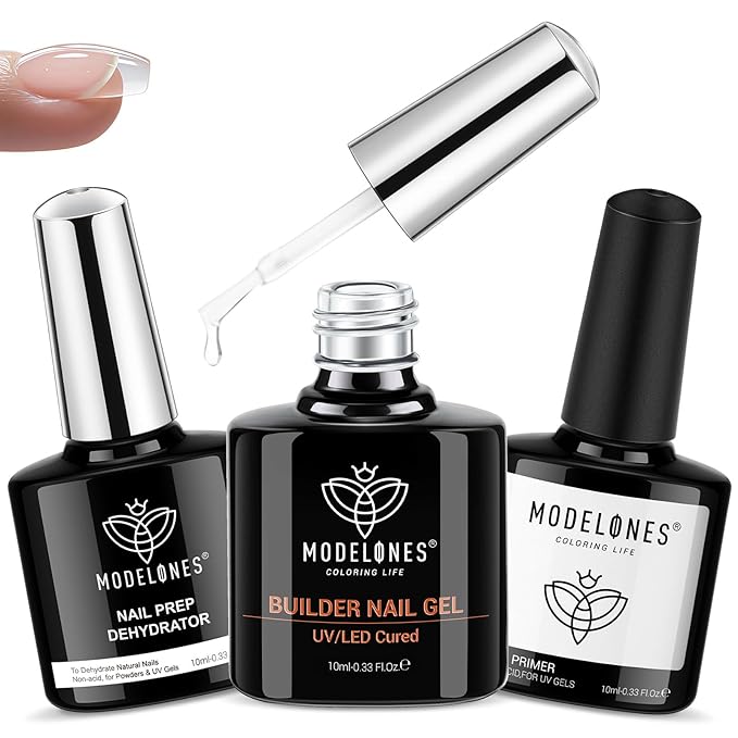 modelones Nail Dehydrator and Primer & Builder Nail Gel, 3Pcs Prep Dehydrate & Bond Primer Clear Gel Builder Polish Base Coat for Strengthener Apex Building, LED Lamp Cured 10ml Home DIY Salon