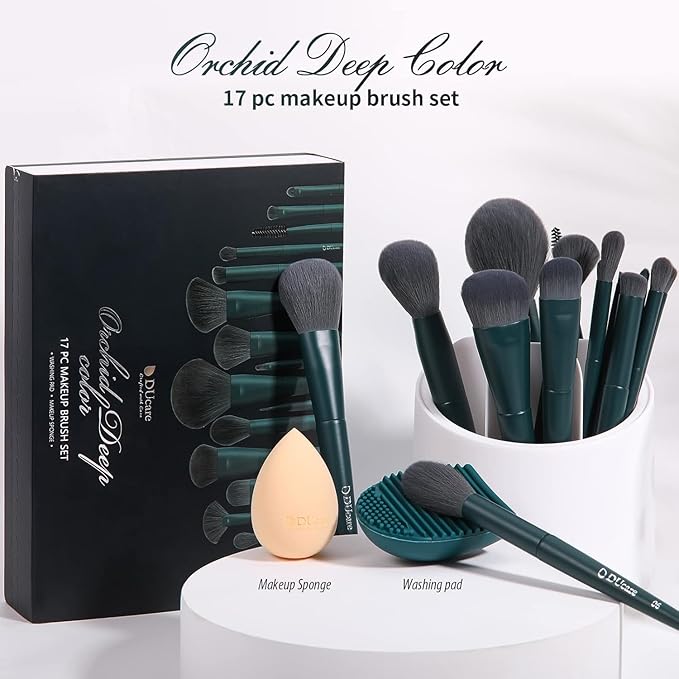 DUcare 17Pcs Professional Makeup Brush Set Complete Kit with Brush Cleaning Mat and Makeup Sponge, Ideal for Foundation, Eyeshadow, Liquid Cream, Gift Box Set