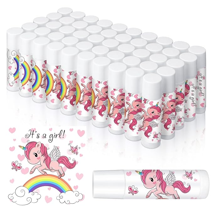 Loopeer 50 Pcs Lip Balm Gift Set Baby Shower Party Favors Natural Ingredients Beeswax lipsticks Gender Reveal Favors Gift Chapped Lips Care Products for Baby Kids Men Women and Children (Unicorn)