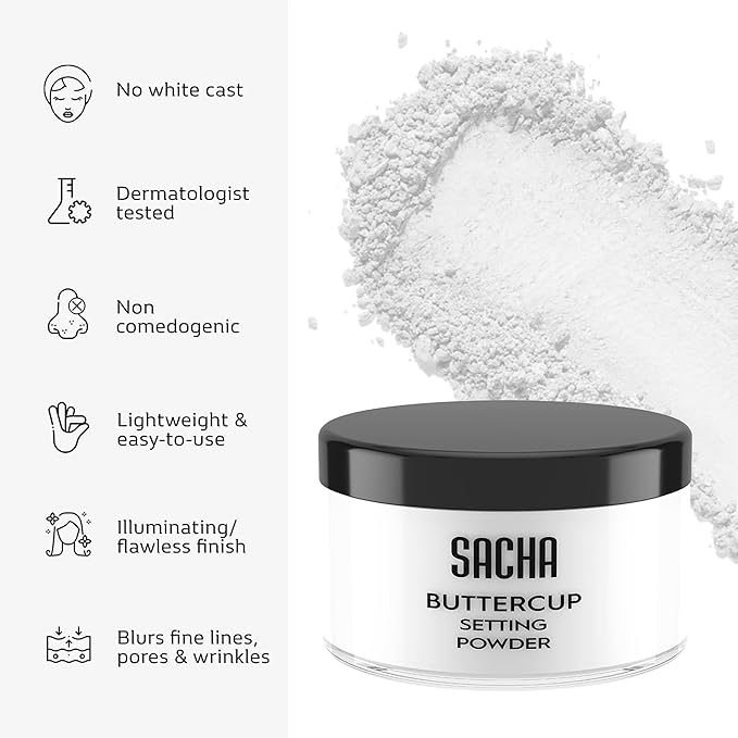Sacha BUTTERCUP No Color Setting Powder Makeup 1.75 Oz. Translucent Setting Powder for Oily Skin Finishing Powder Loose Powder Makeup Blurring Powder Blurs Fine Lines and Pores For All Skin Tones