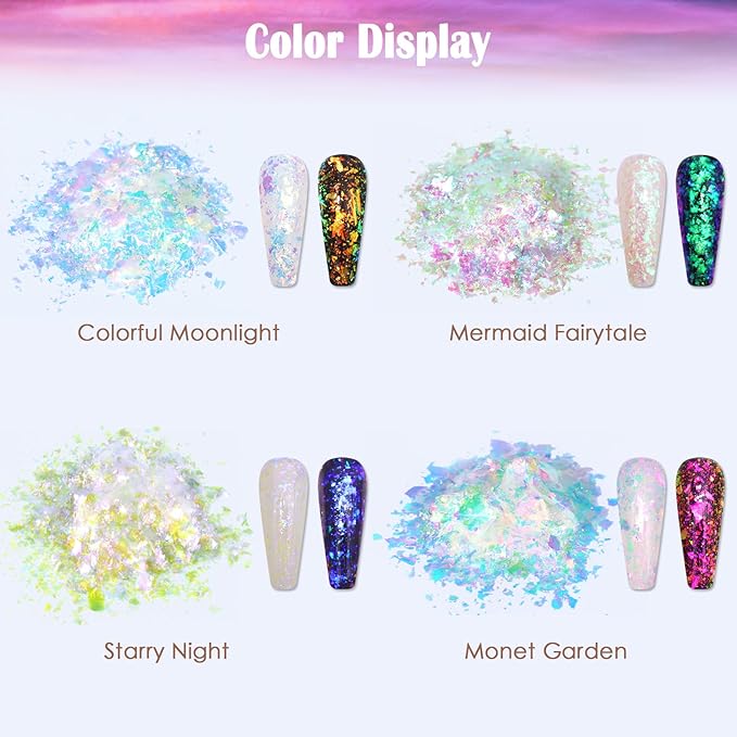 Laza Colorful Moonlight Chameleon Flakes Nail Glitter Irregular Opal Nail Foil Flakes Chunky Confetti Color-Shift Sequins Iridescent Fairy Dust for Mermaid Nails Design, Nail Decorations for Nail Art