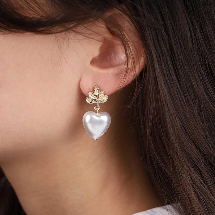 Vintage Pearl Heart Dangle Earrings Heart Pearl Drop Earrings Gold Leaf Stud Earrings Heart Love Earrings Jewelry for Women