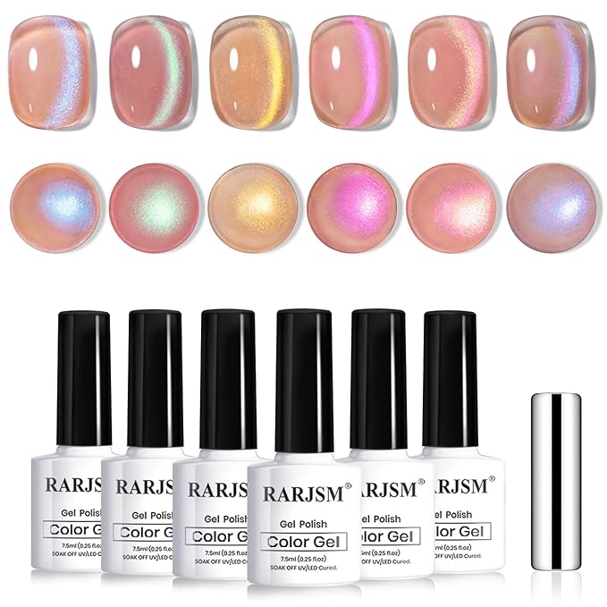 RARJSM Aurora Glitter Cat Eye Gel Nail Polish Set 6Pcs Nude Pink Light Purple Gold Brown Green Blue Galaxy Mermaid Glitter Cateye Gel Polish with Magnetic Stick UV LED Curing Require Home Salon