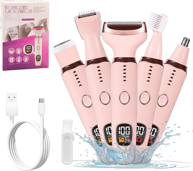 Electric Razors for Women, 5 in 1 Painless Ladies Wet & Dry Body Razors and Facial Hair Remover, Rechargeble Facial and Body Hair Remover for Face Nose Eyebrow Arms Armpit Legs Pubic Area (Pink)