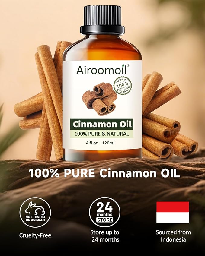 Pure Cinnamon Essential Oil, 100% Pure Natural Cinnamon Essential Oil, Premium Grade Essential Oils for Diffusers for Home, Skin, Care Massage, Soap Making, Aromatherapy, 4 Fl Oz | 120ml