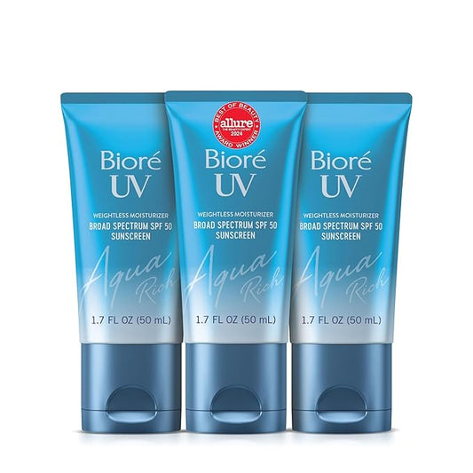Biore UV Aqua Rich Daily Hydrating Facial Moisturizer with SPF 50 | Oil Free Sunscreen & Primer for Makeup with Hyaluronic Acid, No White Cast, Non-Comedogenic, For Sensitive Skin, 1.7 Oz, 3pck