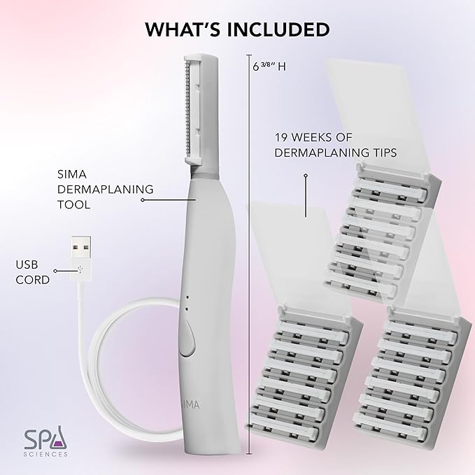 SPA SCIENCES - SIMA Patented Dermaplane Razor for Women Face – Painless 2-in-1 Facial Exfoliation & Peach Fuzz Hair Removal – Anti-Aging – 3 Speeds – Rechargeable – 19 Weeks Treatment
