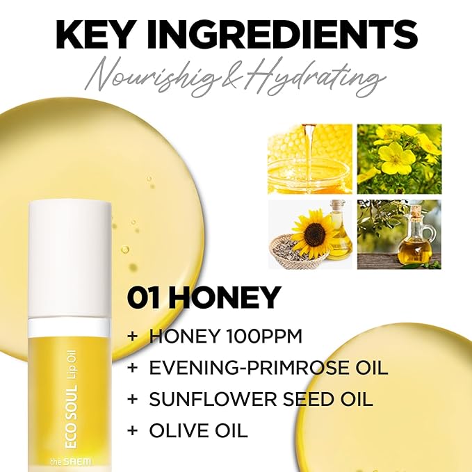 THESAEM Eco Soul Lip Oil 01 Honey - Plumping & Hydrating Lip Oil to Nourish & Moisturize Lips – Sunflower Seed Oil & Olive Oil - Lips Soft & Glossy for Dry Lips, 0.21 fl.oz.