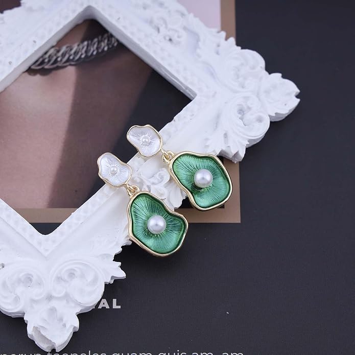 Vintage Lotus leaf Pearl Drop Earrings Green Lotus Leaf Earrings Green Enamel Flower Earrings Gold Irregular Pearl Earrings Jewelry for Women