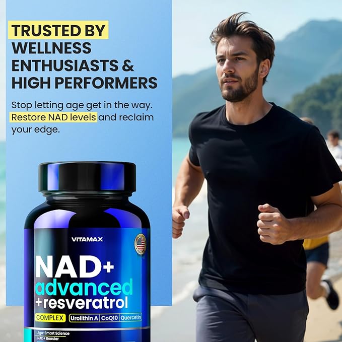 NAD Supplement Extra Strength - Liposomal + Resveratrol for Women & Men, CoQ10, Alpha Lipoic Acid, Green Tea, Quercetin, Urolithin A, Lycopene – High Purity Anti-Aging, Energy & Regeneration – 60ct