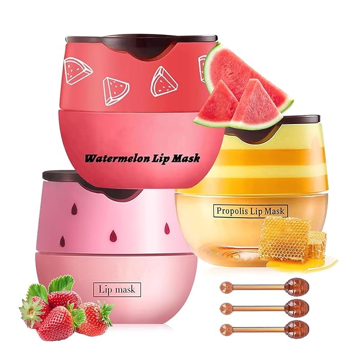Bee Lip Balm Honey Pot, Strawberry & Honey Moisturizing Propolis Lip Mask, Hydrating & Prevention Dry and Cracked Lip Scrubs Exfoliator, Reduces Lip Lines (Red Yellow Pink)