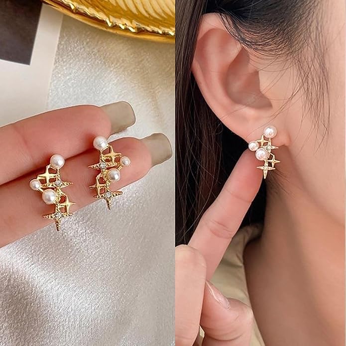 Vintage Pearl Star Earrings Rhinestone Pearl Drop Earrings Gold Crystal North Star Earrings Cz Northstar Studs Earrings Jewelry for Women
