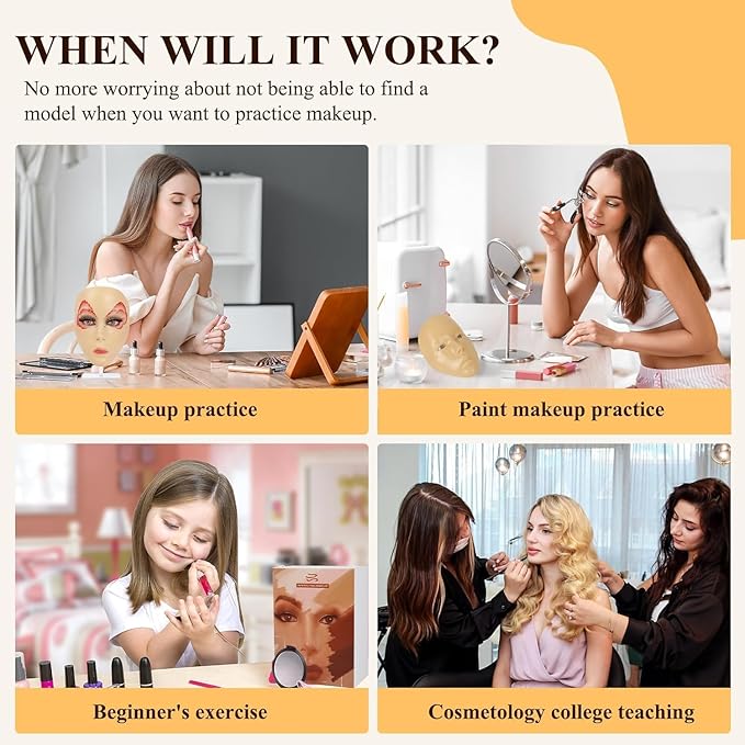 Makeup Practice Face, Eye Makeup Practice Head Silicone, Makeup Practice Accessories Set with Face Painting Mannequin Head, Makeup Brushes, Face Painting and Eyebrow Pen, Makeup Practice Gift, Yellow