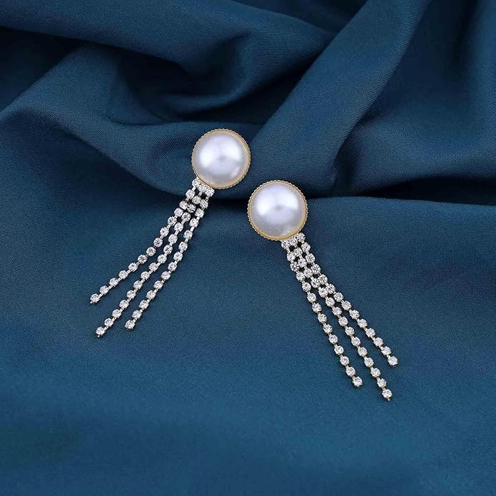 Vintage Crystal Pearl Drop Earrings Cz Bridal Crystal Earrings Long Rhinestone Tassel Earrings Gold Pearl Stud Earrings Jewelry for Women