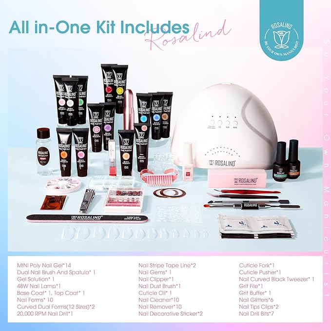 Poly Nail Gel Starter Kit -14 Colors + 75 Nail Art Accessories Kit, ROSALIND Neon Poly Extension Gel with Big UV Light 48W and Electric Nail Drill Starter Kit with Everything