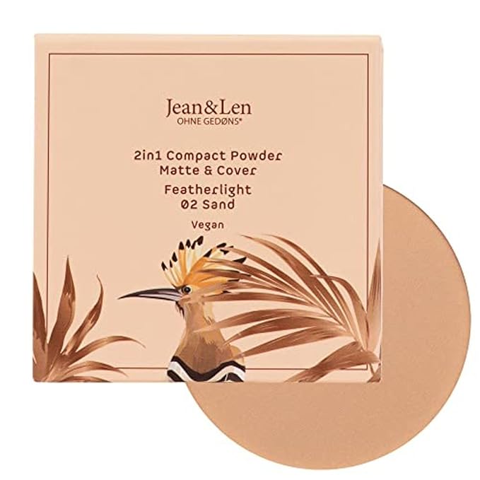 Pure 2in1 Compact Powder Feather Light 02 Sand by Jean&Len, for a flawless transition and natural look, lasts 24 hours, with organic ingredients, vegan