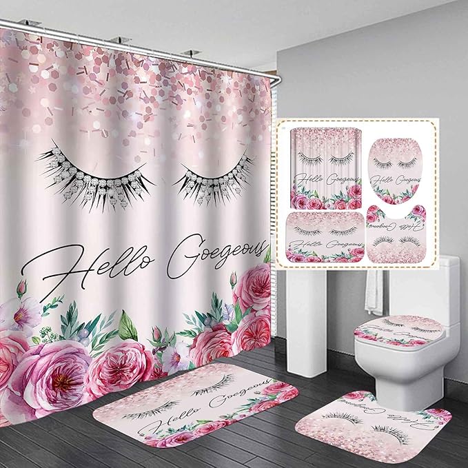 4PCS Hello Gorgeous Shower Curtain Set, Birthday Confetti Botanical Peony Floral Diamond Unicorn Eyelash Teen Girls Pink Bathroom Decor, Waterproof Fabric Shower Curtain, Bath Mat Toilet Rug