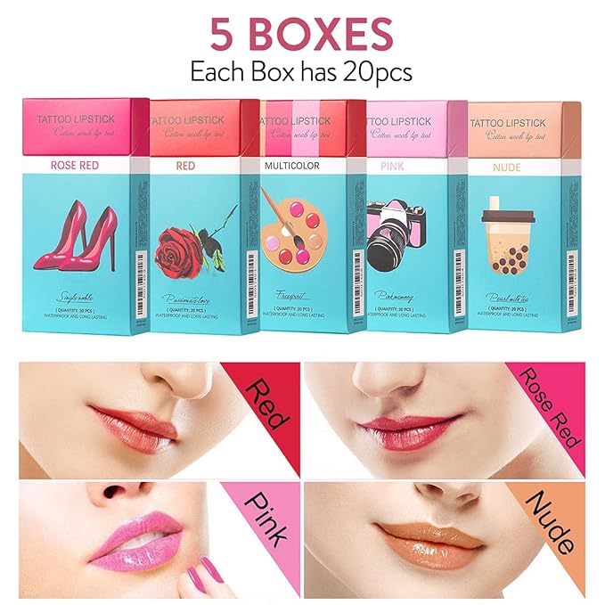 FLIPNEX 20Pcs Cotton Swab Tattoo Lipstick, Tattoo Lipstick Cotton Swab Lip Tint, Waterproof and Long Lasting Liquid Non-Stick Portable Lip Gloss (Red)