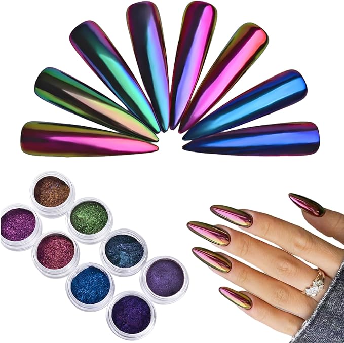 8Pcs Chameleon Chrome Nail Powder,Chrome Powder for Gel Nails Nail Chrome Powder Mirror Effect Holographic Aurora Iridescent Pearlescent Manicure(8 colors)