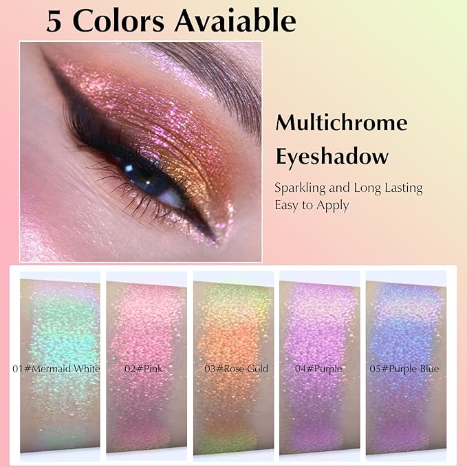 Rose Gold Glitter Eyeshadow Palette, Multichrome Chameleon Cream to Powder Eye Shadow, Color Shifting Holographic Eyeshadow Shimmer Inner Corner Eye Brightener Highlighter Makeup