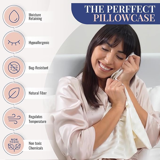 Blissy Silk Pillowcase - 100% Pure Mulberry Silk - 22 Momme 6A High-Grade Fibers - Silk Pillow Cover for Hair & Skin - Regular, Queen & King (White Striped, Standard)