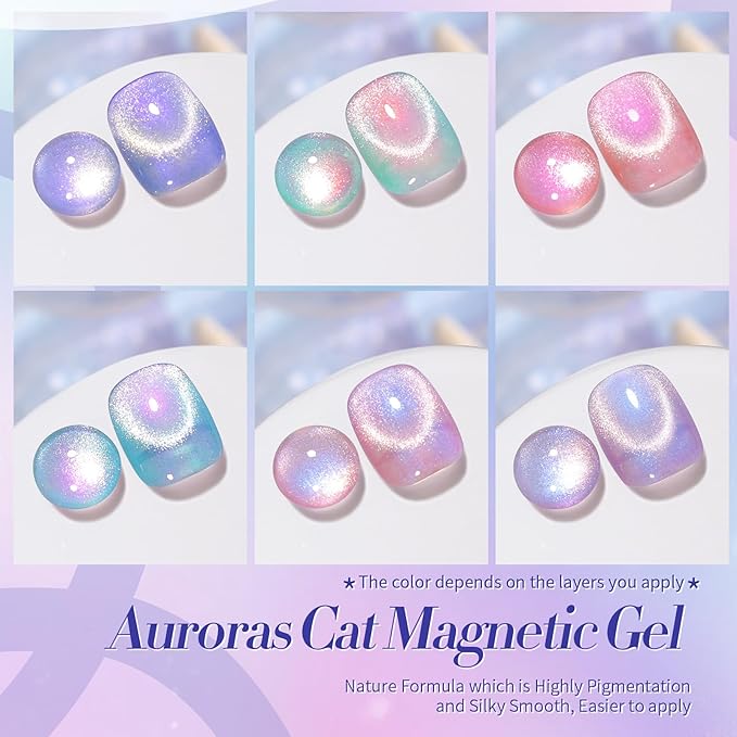Born Pretty Auroras Cat Magnetic Eye Gel Nail Polish Set Shimmer Glitter with Magnet 9D Holographic Reflective Magnetic Nail Polish Kit Auroras Mermaid Green Blue Purple Pink Purple 6 Colors