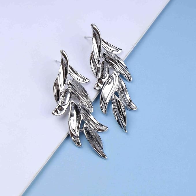Statement Leaf Dangle Drop Earrings Vintage Silver Leaf Cluster Drop Earrings Punk Large Leaf Dangle Earrings Bridal Earring Wedding Prom Earring Jewelry for Women and Girls