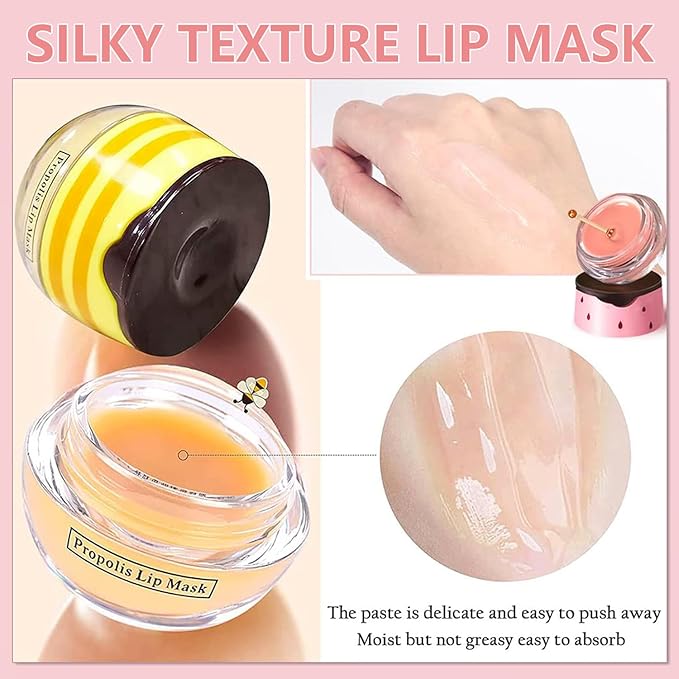 4PCS Bee Lip Balm Honey Pot,Honey Apple Lime Watermelon Lip Mask Overnight Propolis Moisturizing Lip Balm,Nourishing Sleeping Lip Mask Hydrating Prevention Dry & Cracked (4PCS)