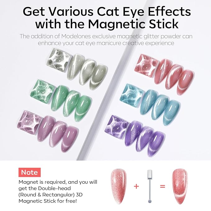 modelones Cat Eye Gel Nail Polish 6 Colors Red Green Silver Purple Blue Glitter Cat Eye Gel Polish Holographic 9D Semi-transparent With Magnet Soak Off Led Nail Art DIY Salon Gifts For Women Girl