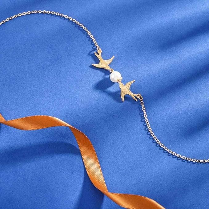 Vintage Pearl Necklace Long Birds Necklace Chain Pendant Necklaces Jewelry for Women and Girls (Gold)