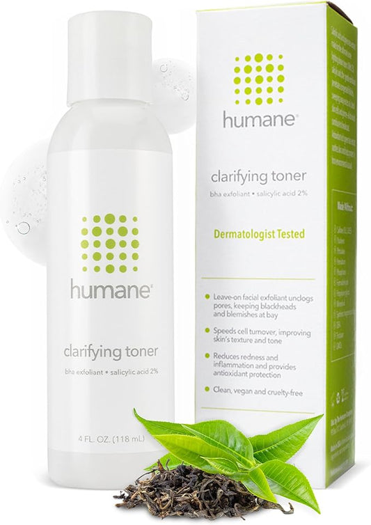 Humane Clarifying Toner for Face - 2% BHA Liquid Salicylic Acid - Pore Minimizer and Face Exfoliator - Gentle for All Skin Types - Removes Excess Oil, Dead Skin Cells, and Grime - 4 Ounce