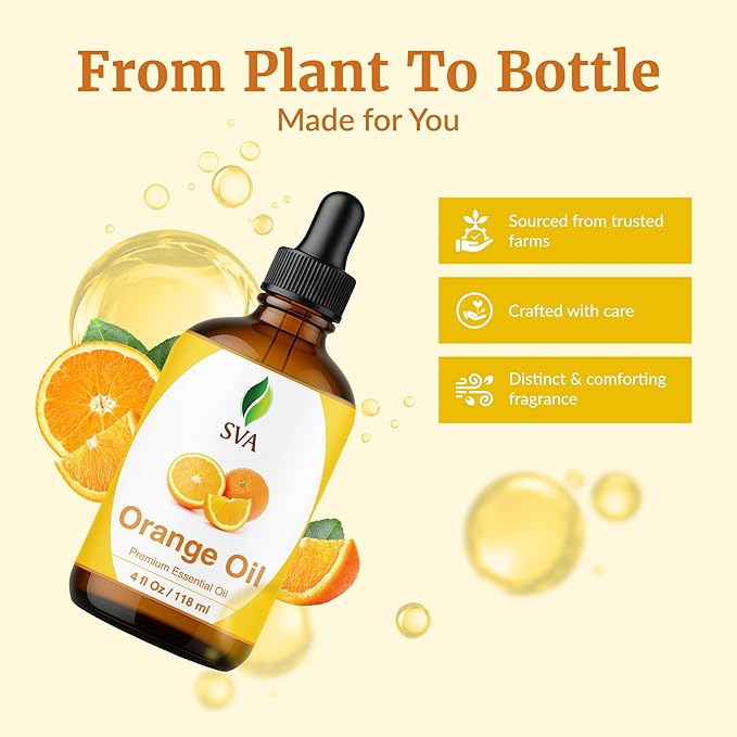 SVA Orange Essential Oil – 4 Fl Oz – 100% Natural Orange Oil - for Diffuser, Hair Care, Face, Skin Care, Aromatherapy, Scalp and Body Massage, Soap and Candle Making - with Dropper