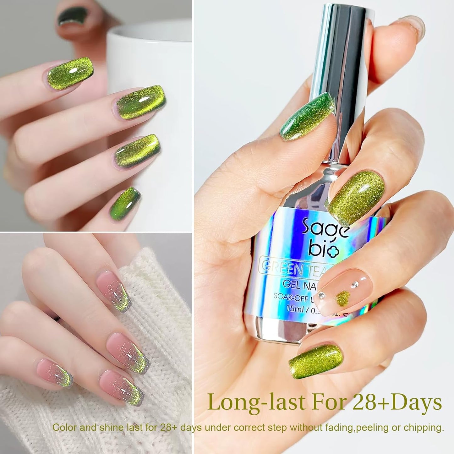Cat Eye Gel Nail Polish with Magnet Stick, 15ml Glitter Holographic Nail Polish, Magnetic Effect Gel for Home DIY Manicure Gift, Jelly Green